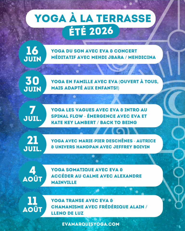 Programmation été 2026 du yoga à la terrasse de Lévis